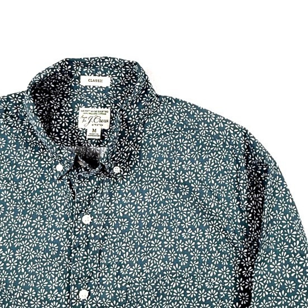 J. Crew Mens Secret Wash Organic Cotton Stretch Floral Daisy Shirt Teal Blue M